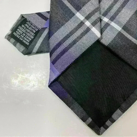 Mens Van Heusen Poly Viscose Tie Purple Gray White Stripes Plaid Necktie Skinny - Picture 5 of 5